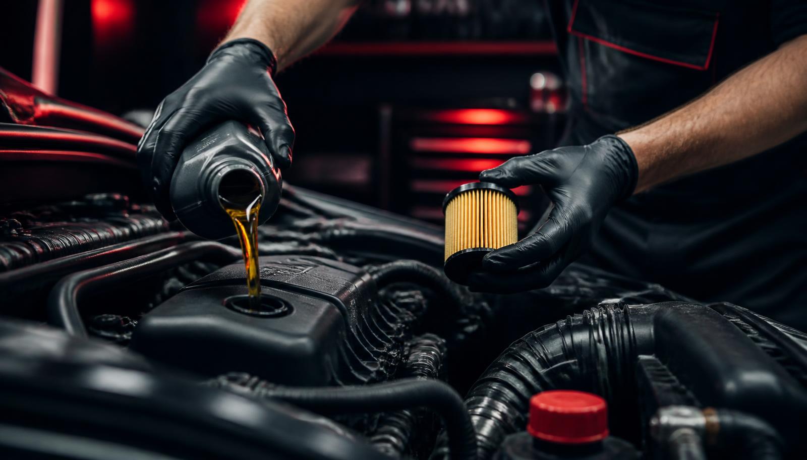 Mechanic performing an engine oil and filter service