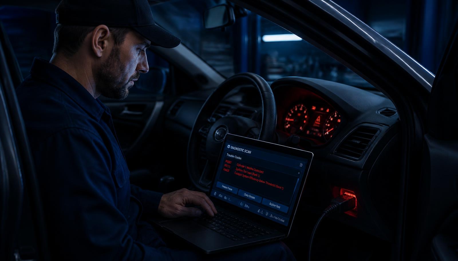 Technician running laptop diagnostics on a vehicle with a dashboard warning light